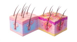 건강한 두피와 염증이 있는 두피의 상태를 비교하는 학술적 인포그래픽