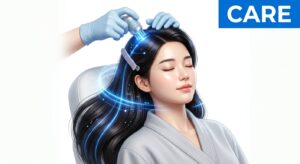 두피 케어를 받고 있는 평온한 모습의 여성 모델